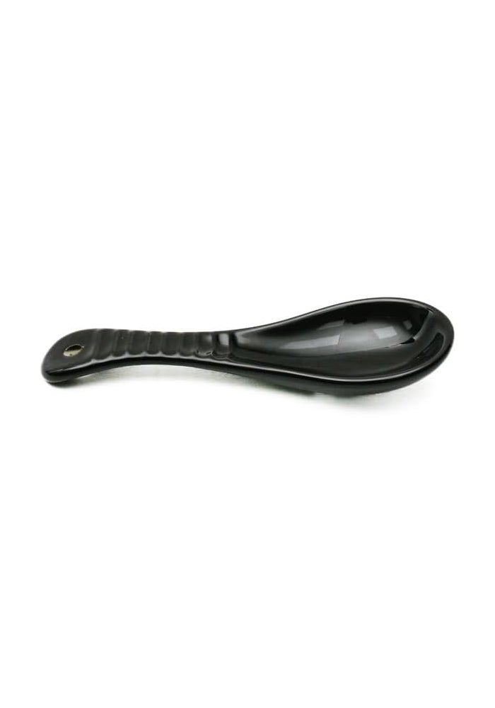 Daiso Black Ceramic Spoon Rest - Stripe Embossed Ladle Holder for Kitchen Counter - Image 1